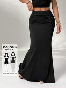 SHEIN PETITE 女式简约优雅纯色鱼尾下摆半身裙 - 黑色 - 查看 1
