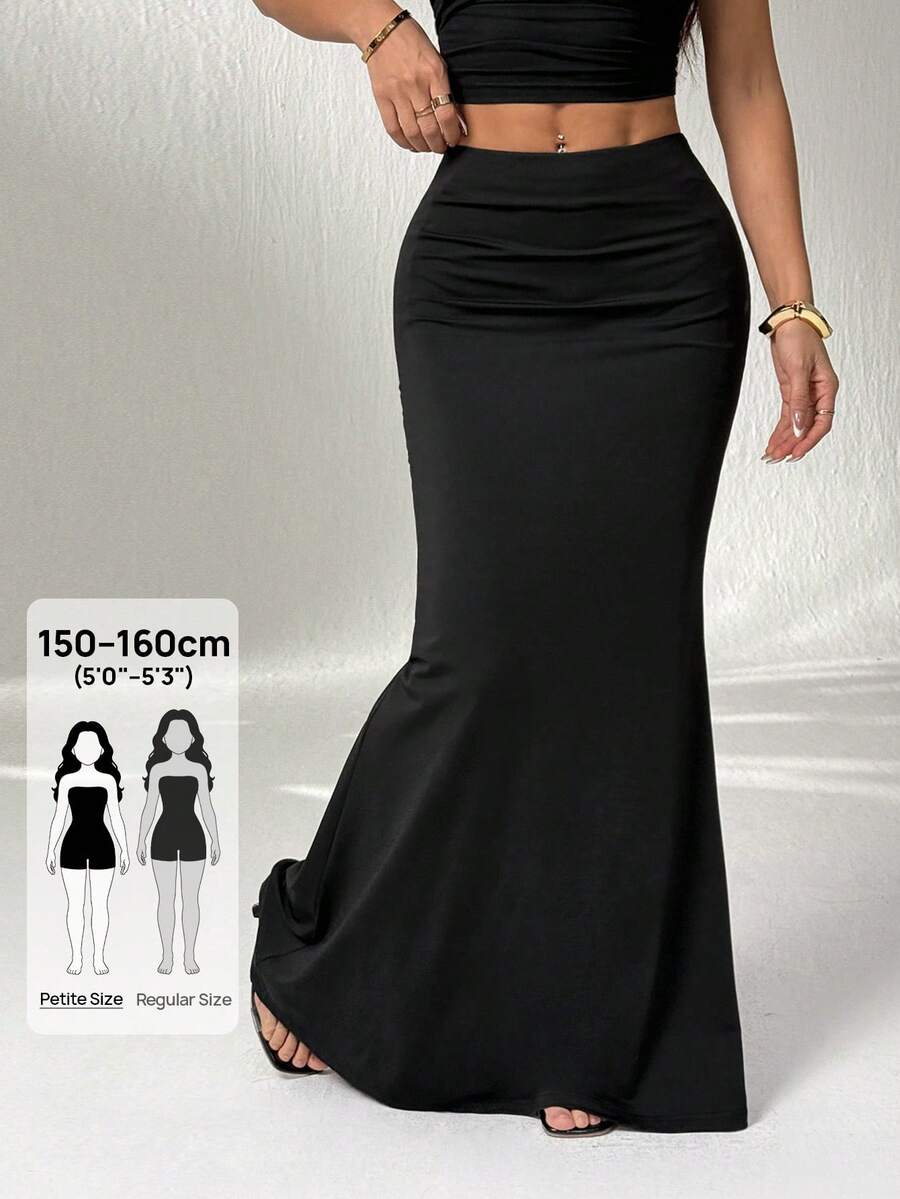 SHEIN PETITE 女式简约优雅纯色鱼尾下摆半身裙 - 黑色 - 查看 1