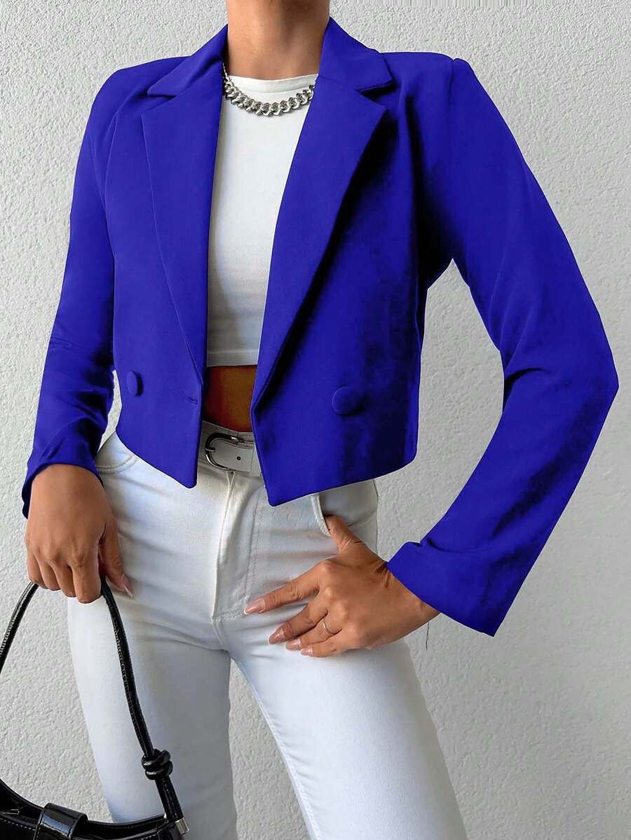 SHEIN Cottnline Women's Solid Color Long Sleeve Two-Button Short Casual Blazer - Royal Blue - View 1