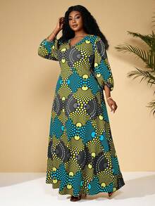 EMERY ROSE Plus Size Casual Allover Print Lantern Sleeve Dress Plus Size Dress African Plus Size Dresses African Print Dress - Yellow - View 3