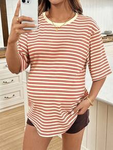 SHEIN Maternity Summer Casual Vacation Daily Commute Contrast Color Striped Print Loose Fit T-Shirt World Cup - Apricot - View 4