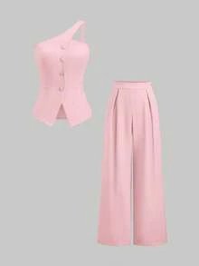 Sweetra 春夏新款女士复古性感收腰百搭舒适休闲优雅高端套装 - 粉色 - 查看 1