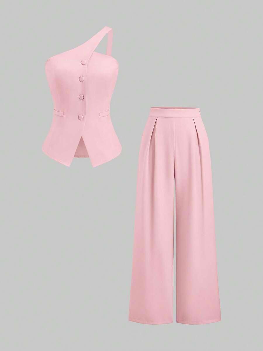 Sweetra 春夏新款女士复古性感收腰百搭舒适休闲优雅高端套装 - 粉色 - 查看 1