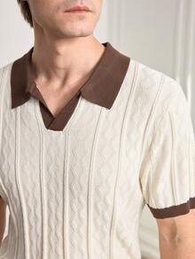 Men's Old Money Contrast Color Short Sleeve Knitted Cable Textured Polo Shirt - Apricot - View 4