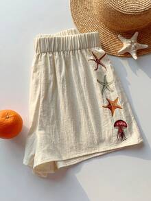 Comfortcana 2026春夏新款100%纯棉白色女式棉质海星图案短裤，适合冬季、复活节、派对、海滩、婚礼、毕业典礼、优雅、休闲、度假、运动、正式场合、Y2K、商务、亮片、流苏、荷叶边、花朵、图案等多种场合。 - 杏色 - 查看 5