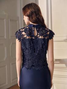 Anewsta 优雅藏蓝色蕾丝领无袖性感镂空露脐女式衬衫 - 藏蓝色 - 查看 2