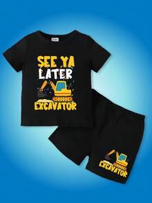 SHEIN GraphicGems Bộ áo ngắn tay và quần short in chữ dễ thương cho bé trai, mùa hè vui nhộn thường ngày - màu đen - Xem 9