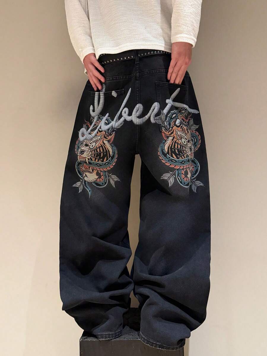 STEELVANCE 复古做旧猫须和动物字母印花宽松直筒休闲牛仔裤，百搭街头风 - 黑色 - 查看 1