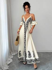 SHEIN Raffinéa Đầm đi nghỉ mát in họa tiết phong cách Bohemian hở vai tay bồng thời trang dành cho nữ - Màu be - Xem 4