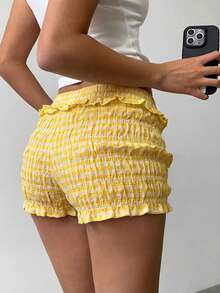 Aloruh Shorts de volantes con estampado de cuadros rojos y blancos de estilo campestre lindo para vacaciones de primavera/verano de las mujeres - Amarillo - Ver 3