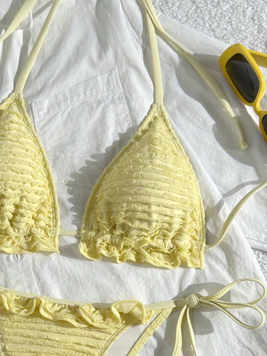 Swim Mod Women's 2-Piece Summer Beach Swimsuit, Special Textured Halter Neck Tie Top And Ruffled Side Tie Bottoms Bikini Set Summer Outfit For Women Swimwear - Yellow - View 1