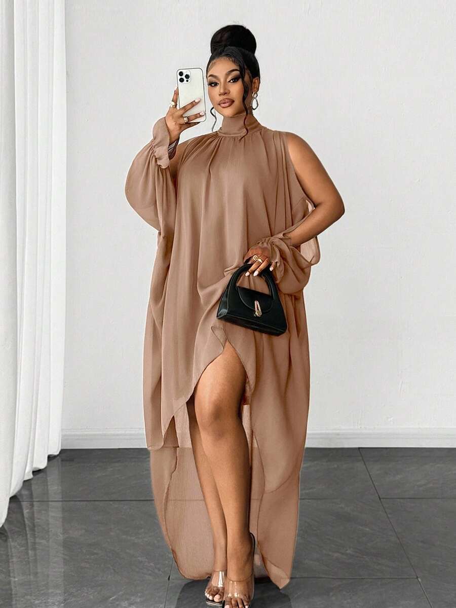 Maweii Plus Size Elegant Solid Color Off-Shoulder Front Short Back Long Dress, Summer - Khaki - View 1