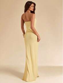 SHEIN BAE Đầm maxi màu vàng kem gợi cảm cổ chữ V sâu, kiểu yếm, đầm vàng, đầm dài thanh lịch, đầm lưới đi biển. - Vàng nhạt - Xem 2
