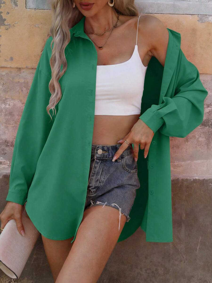 SHEIN Clasi Women's Solid Color Drop Shoulder Long Sleeve Single-Breasted Casual Shirt - Green - View 1