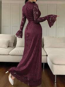 Feyla Vestido casual largo de unicolor con adorno de encaje para mujer, vestidos de noche largos - Rojo violeta - Ver 4