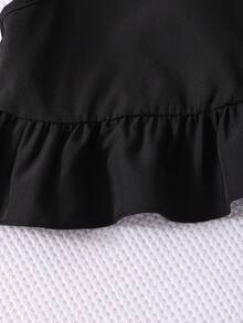 SHEIN Elladie kids 少女夏季家庭度假套裝，純色荷葉邊無袖上衣搭配條紋寬腿褲，休閒兩件式女童套裝 - 黑色 - 查看 6