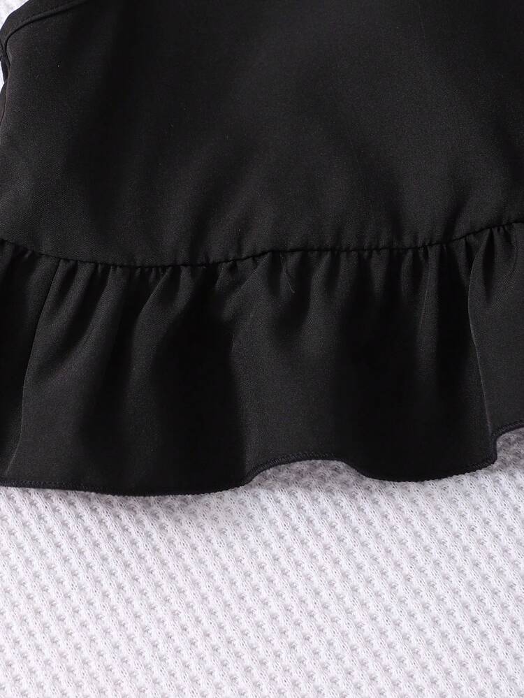 SHEIN Elladie kids 女童纯色荷叶边无袖上衣和条纹阔腿裤休闲两件套 - 黑色 - 查看 5