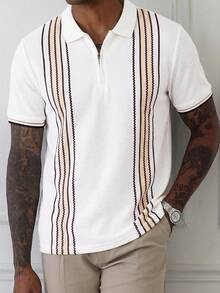 Manfinity Homme 男士短袖紋理布料條紋 Polo 衫，適合外出、辦公穿著、義大利度假夏季穿著 - 白色 - 查看 3