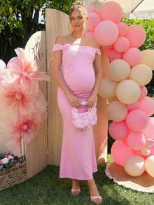 Loomaby Pregnant Women's Floral Contrast Lace Off-Shoulder Fitted Elegant Pink Summer Maternity Dress For Baby Shower Gender Reveal Pregnancy Photoshoot - Pink - View 5