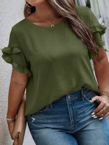 EMERY ROSE Plus Size Women Summer Casual Commuting Solid Color Ruffle Petal Sleeve Loose Blouse Latest Tops For Women New Arrivals Affordable Tops For Women Blouse For Women Casual Blouse For Women Casual Elegant Plain Tops For Women Blouses For Women - Army Green - View 5