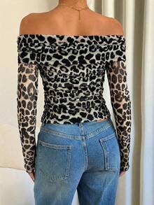 Siren Gaze Women's Leopard Print Off Shoulder Top,Beige,Autumn,Seksi Chic,Night Out Long Sleeve Sheer Mesh Blouse, Animal Cheetah Print Party & Work Wear - Apricot - View 2