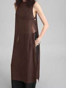 Ontre Áo kiểu nữ cổ tròn không tay, chất liệu hơi xuyên thấu, cài cúc bên hông, kiểu dáng dài, thoải mái, phù hợp cho công sở, đi làm, đi nghỉ mát, dự đám cưới hoặc tiệc tùng, mã sản phẩm 2026SS. - màu nâu - Xem 7