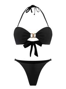 Bonvoyette Bộ bikini 3 mảnh màu đen lưới gợi cảm dành cho nữ, chất liệu vải xuyên thấu tạo nên vẻ đẹp thanh thoát, điểm nhấn khóa kim loại thêm phần quyến rũ bí ẩn, kiểu dáng yếm cổ. - màu đen - Xem 5
