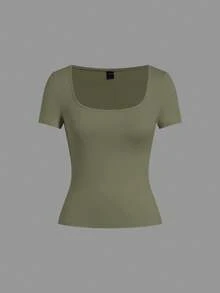 SHEIN EZwear 女款多件組針織圓領修身短袖T恤，綠色與白色夏季基本款素色休閒上衣，多件組上衣 - 綠色 - 查看 4