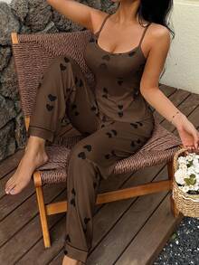 SHEIN Women's Heart Print Knit Camisole And Lounge Pants PJS, Comfortable Casual Sleepwear Choco Brown Dress For Women PJS Women Summer Lounge Sets - Brown - View 5
