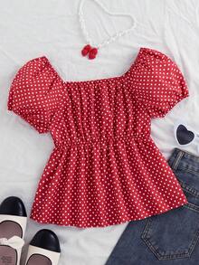 SHEIN Tween Girls Casual Versatile All-Match Daily Wear Ruffle Collar U-Neck Fitted Short Polka Dot Print Button Down Knit Shirt - Red - View 4