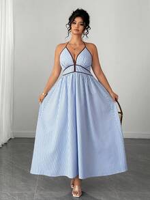 Elenzga Vestido de mujer elegante y de moda con cuello halter y bloques de color a rayas - Azul - Ver 3