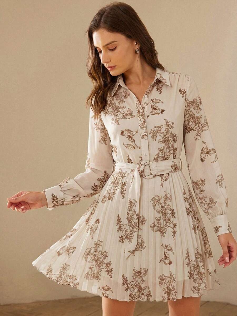 Aveloria Rosie Flower Print Belted Button Front Dress Vacation Outfits Woman - Beige - View 1