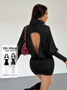 SHEIN PETITE 女式时尚高领蝙蝠袖露背紧身迷你连衣裙 - 黑色 - 查看 10