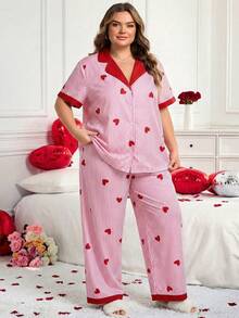 SHEIN CURVE+ 加大码女式条纹印花衬衫裤套装，情人节特惠，百搭秋季女装，冬季必备，加大码 - 粉色 - 查看 3