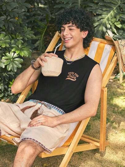 Open Phase 休闲街头风格 | 男士夏季无袖背心 | 卡通啤酒罐印花和“来喝啤酒”字样