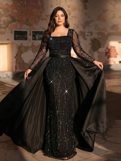 Aureia Plus Size Elegant Luxury Black Square Neck Long Sleeve Dress, Decorated With Pearls And Rhinestones, Suitable For Weddings, Parties, Celebrations, Formal Dinners And Other Occasions