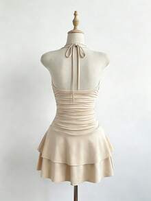 Elamini 新款优雅夏季女式连衣裙，性感修身迷你裙，褶皱装饰，不对称荷叶边下摆设计，适合约会、度假、派对、情人节、旅行等场合，杏色 - 杏色 - 查看 2