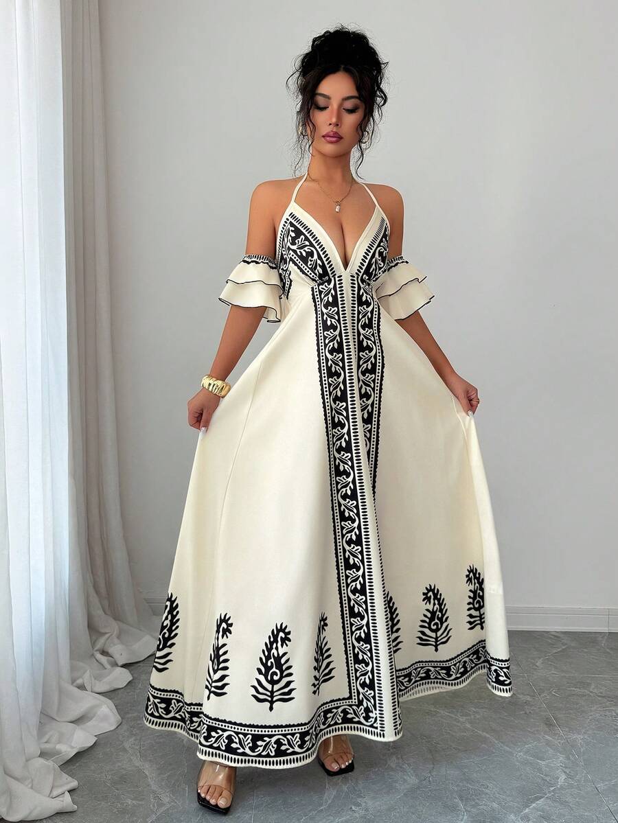 SHEIN Raffinéa Đầm đi nghỉ mát in họa tiết phong cách Bohemian hở vai tay bồng thời trang dành cho nữ - Màu be - Xem 1
