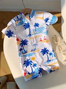 SHEIN Bubblio Baby Boy Minimalist Coconut Tree Pattern Casual Round Neck Short Sleeve Romper Swimsuit, Suitable For Summer, Spring/Summer Wear, Home, Outing, Beach - Multicolor - View 5