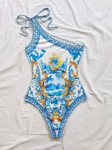 Soleia Áo liền thân dệt kim in họa tiết mới, kiểu dáng bất đối xứng, thắt nơ, thích hợp cho kỳ nghỉ của phụ nữ. - Xanh và trắng - Xem 2