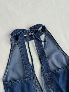 Elamini Women's Deep V-Neck Fashionable Halter Denim Jumpsuit - Blue - View 6