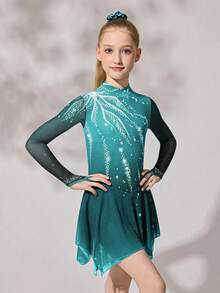 Đầm trượt băng nghệ thuật cho bé gái tuổi teen, thiết kế ôm sát co giãn cao với họa tiết pháo hoa đính đá, chân váy lưới mềm mại, màu xanh ngọc. - Nhiều màu - Xem 4