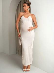 MaterniChic Vestido de punto sin mangas con decoración floral elegante para mujeres embarazadas - Albaricoque - Ver 6