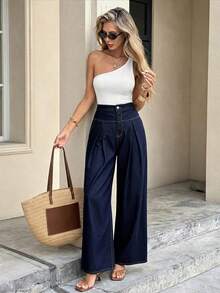 Serisse Women's High Waist Pleated Wide Leg Loose Casual Jeans Summer Carnival Costume Commuting Vacation Graduation Chic Y2k Cute Streetwear Coquette Party Wedding Elegant Business Casual Woman Business Beach Graduation Easter High Waist Wide Leg Jeans Dark Wash Casual Jeans Spring Commuter Jeans Classic Dark Blue High Ankle Pleated Wide Leg Jeans For Women Commuter Casual Style - Blue - View 8