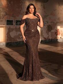 Aureia Plus Size Elegant Brown Winter Evening Formal Party Dress, Off-Shoulder Luxury Pearl & Rhinestone French Lace Mermaid Gown With Train Fishtail - Brown - View 7