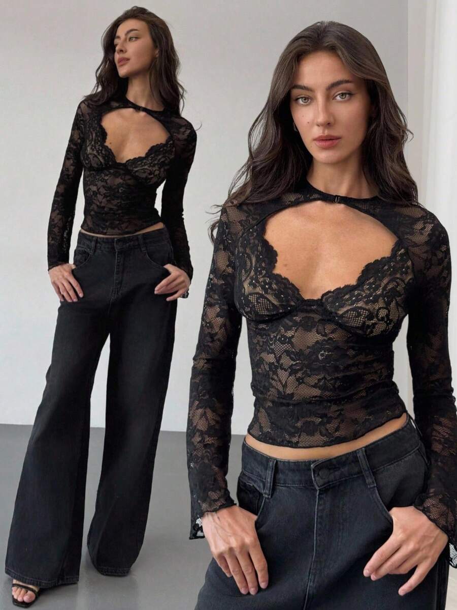Aloruh Blusa de manga larga con cuello en V profundo, transparente y con detalles de encaje negro para mujeres