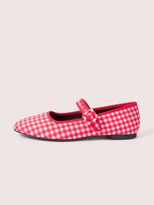 CUCCOO DOLLMOD Ladies Red And White Plaid French Retro Square Toe Elegant Word-For-Word Bag Buckle Simple Design Mary Jane Flat Shoes Suitable For All Seasons Holiday Holiday Birthday Party Low Vamp Shoes - Red and white grid - View 2