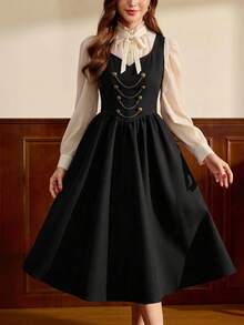 xheVintamour Vestido vintage elegante para mujer con bolsillos, cruzado, con cadena y botones metálicos, vestido informal para vacaciones de otoño.xhe - Negro - Ver 5