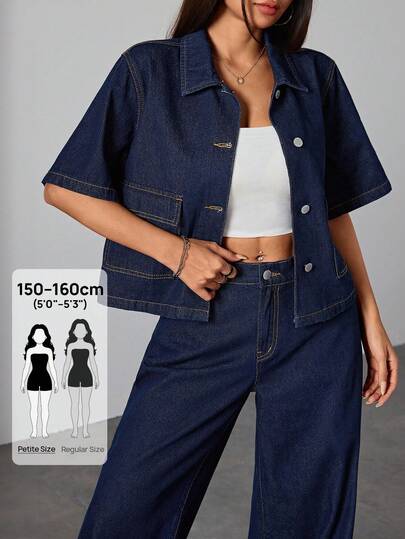 SHEIN PETITE 女士深蓝色牛仔衬衫翻领短袖上衣夏季牛仔套装办公室装学院风女式夏季衬衫