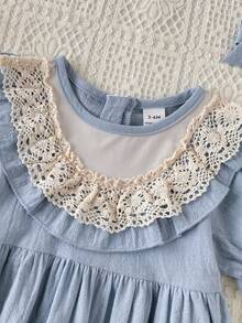 Playful Pals Baby Girls' Round Neck Lace Trim Princess Bubble Sleeve Waist Flare Hem Dress, Summer - Blue - View 3